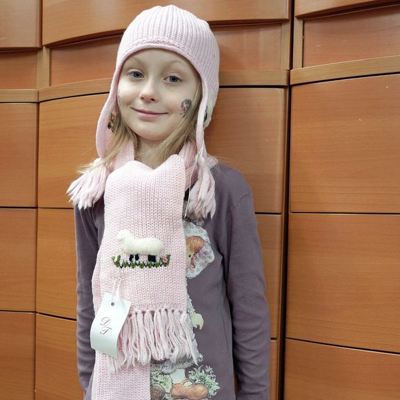 KNITTED MERINO WOOL WINTER 2 PCs PINK SET SHEEP HAT WITH LONG SCARF FOR GIRLS